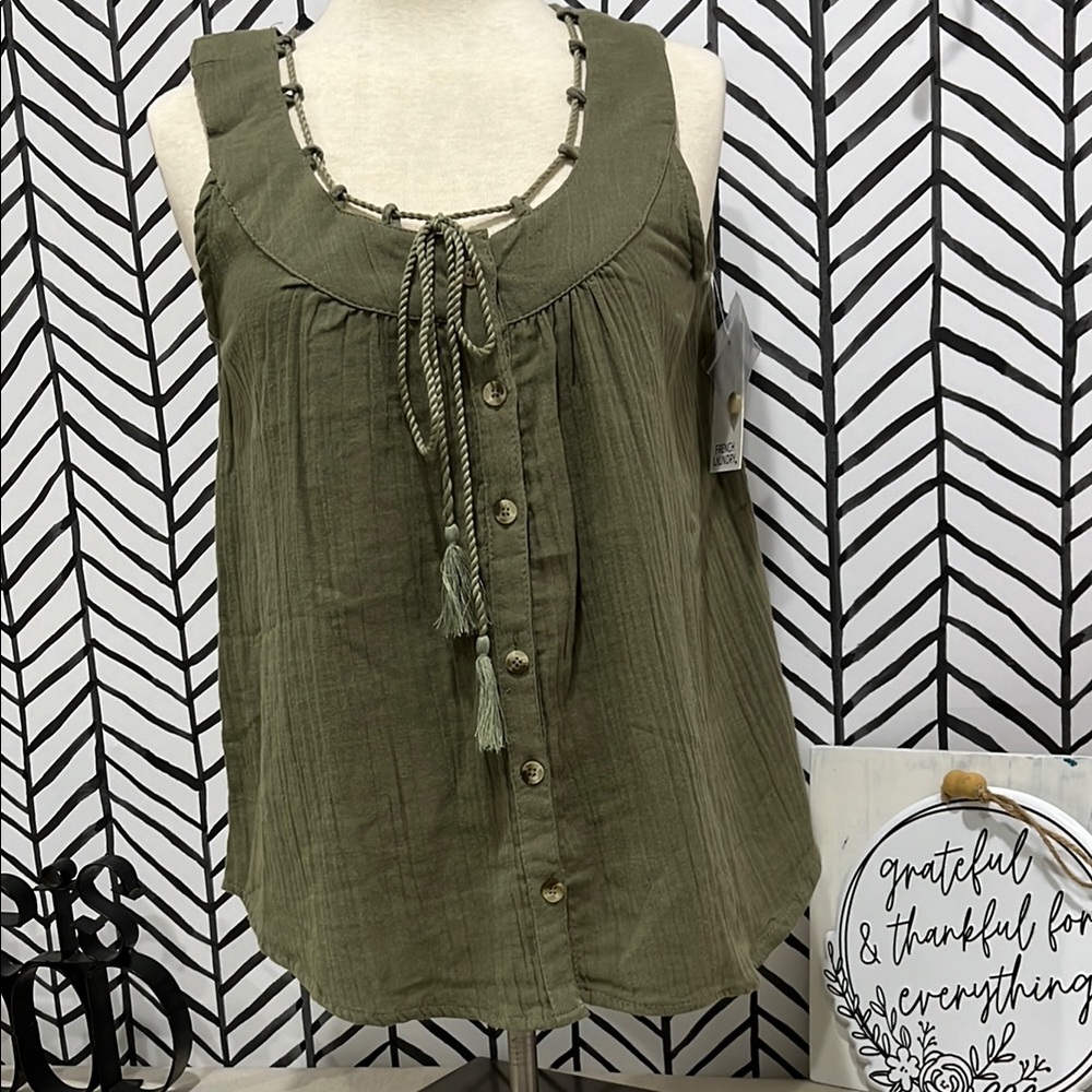 NWT French Laundry 100% Cotton Olive Green Sleeveless Button-Down Top, Size Sm.